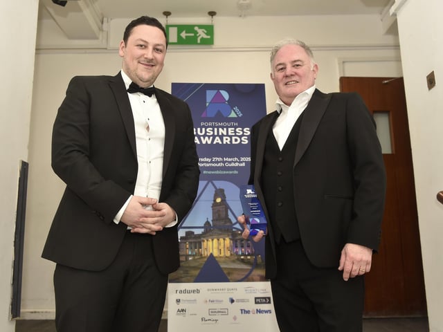 (l-r) Steve Rad from Radweb, sponsor of the Global Business of the Year award, with winner Sean Codling from CTS Europe. Picture: Sarah Standing (270325-1265)