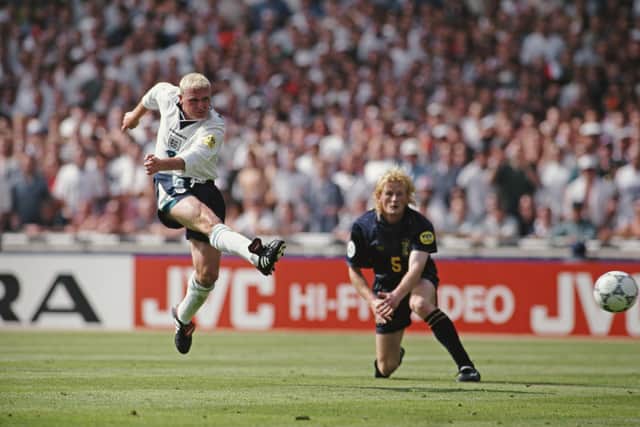 Flashback - Paul Gascoigne scores his famous goal for England against Scotland at Euro 96 - the two nations are set to meet again at Wembley in the Euro Championships next June. Photo by Professional Sport/Popperfoto via Getty Images/Getty Images.