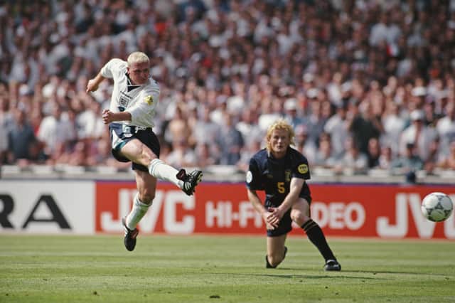Flashback - Paul Gascoigne scores his famous goal for England against Scotland at Euro 96 - the two nations are set to meet again at Wembley in the Euro Championships next June. Photo by Professional Sport/Popperfoto via Getty Images/Getty Images.