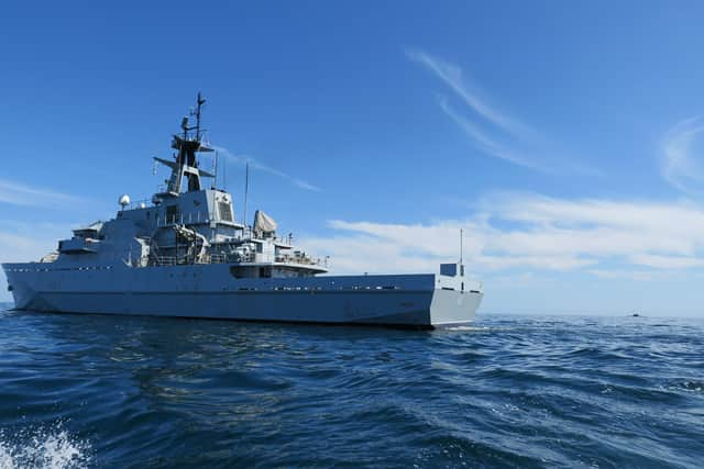 Portsmouth-based HMS Mersey shadows the Russian Kilo-class submarine Krasnodar. Photo: Royal Navy