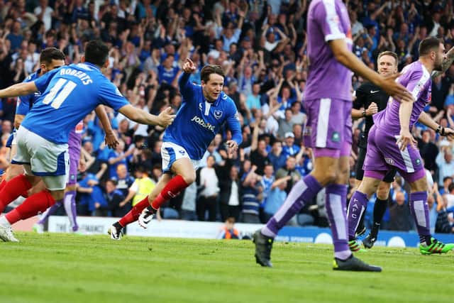 Marc McNulty opens the scoring for Pompey in the League Two semi-final first leg against Plymouth in May 2016. Picture: Joe Pepler