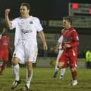Luke Nightingale celebrates after scoring a penalty for Hawks in their FA Trophy win over higher division Crawley in 2008. Pic: Dave Haines.