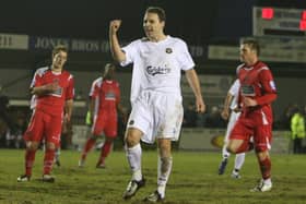 Luke Nightingale celebrates after scoring a penalty for Hawks in their FA Trophy win over higher division Crawley in 2008. Pic: Dave Haines.