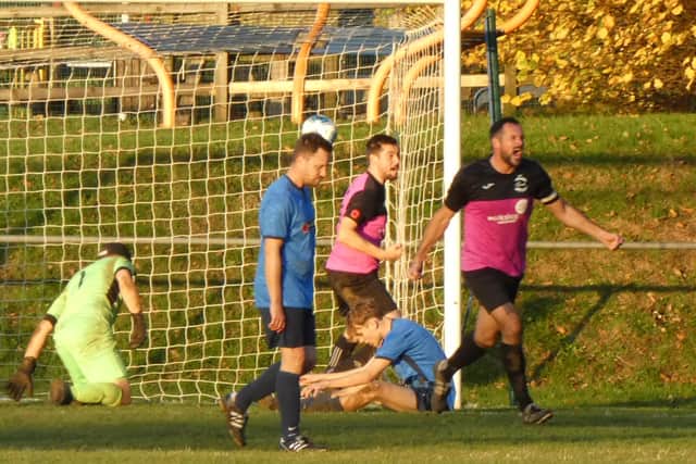 Harvest's Luke Steere celebrates his leveller at Liss. Picture by Simon Jasinski.