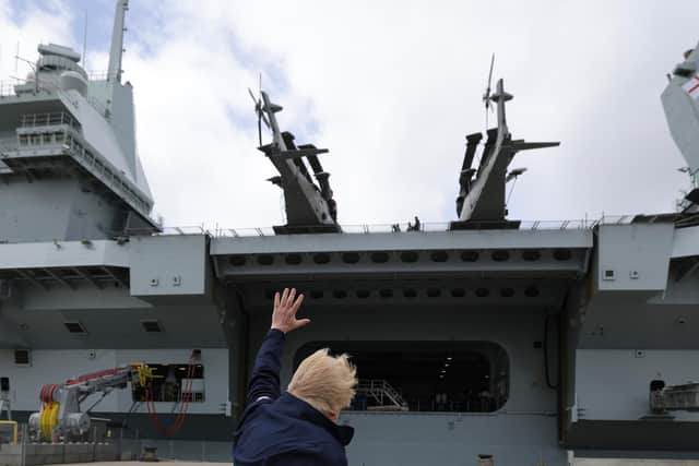 The Prime Minister Boris Johnson and the Defence Secretary Ben Wallace visit HMS Queen Elizabeth to mark her departure for a seven month operation in the Indo-Pacific region. Picture by Andrew Parsons / No 10 Downing Street