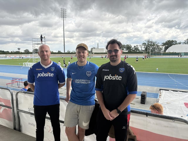 Marek Beno, from Bratislava, Kristian Slahor, from Bratislava, and Laco Horvat, from Bratislava, at Pompey's open training session at the X-Bionic Sphere Sports Centre in Šamorín, Slovakia.