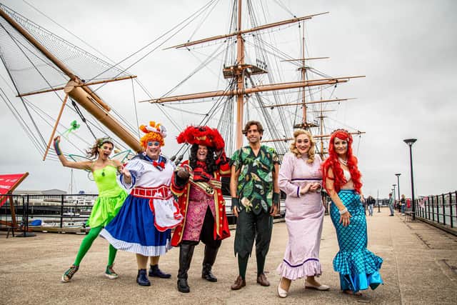 Panto launch day for Hook at Kings Theatre, Southsea. From left: Geogia Deloise,Jack Edwards, Shaun Williamson, James Argent, Elizabeth Rose and Julia Worsley near HMS Warrior at the Historic Dockyard
Picture: Habibur Rahman