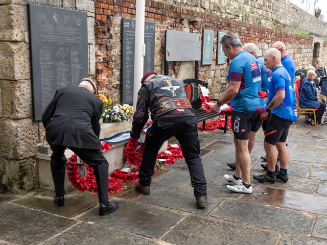 Wreaths being laid at the Falklands Memorial Service at Old Portsmouth.