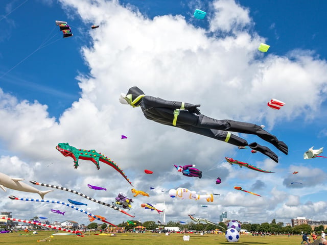 Some of the many airborne characters at the Portsmouth Kite Festival. Picture: Mike Cooter (070821)