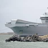 The Royal Navy Aircraft carrier HMS Queen Elizabeth passes Southsea Castle as she leaves Portsmouth harbour to deploy to northern Europe with Nato allies on Thursday November 10, 2022. Photo: Andrew Matthews/PA Wire