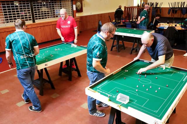From left, Corey Martin, Jason Christopher, Chris Burford and Tim Hill at Solent Subbuteo and Table Soccer Club at Hedge End Social Club
Picture: Chris Moorhouse (jpns 071222-35)