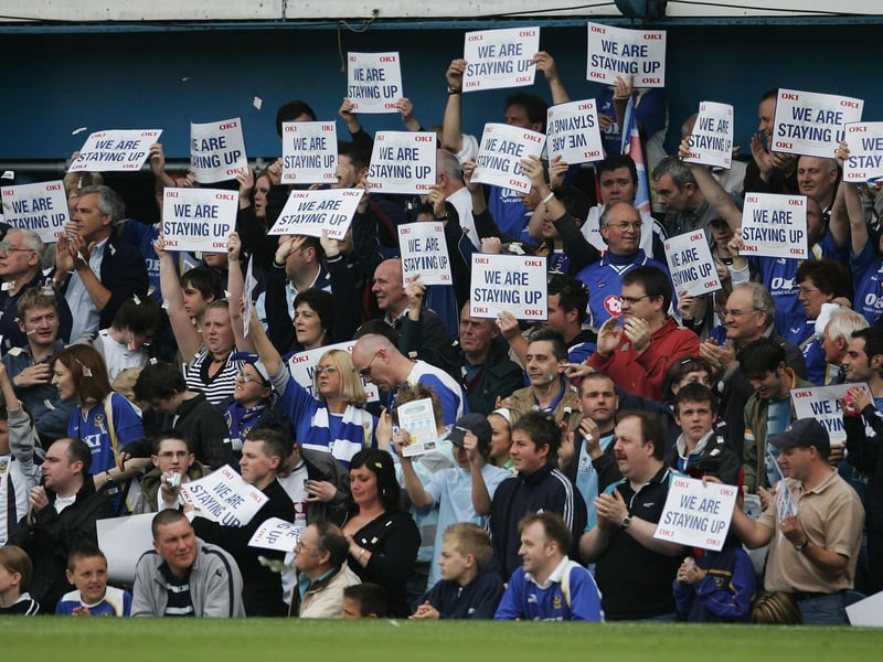 Pompey fans hold up signs during a game with Liverpool at Fratton Park after the Premier League great escape in 2006. Photo by Richard Heathcote/Getty Images