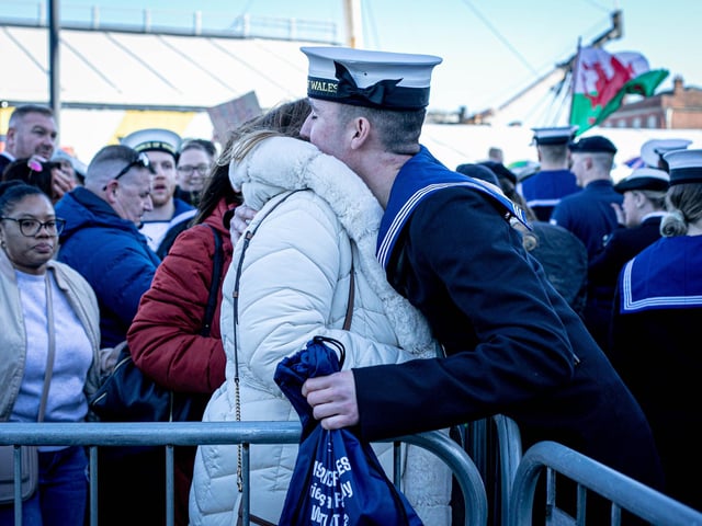 Families greeting loved ones at HMNB Portsmouth.