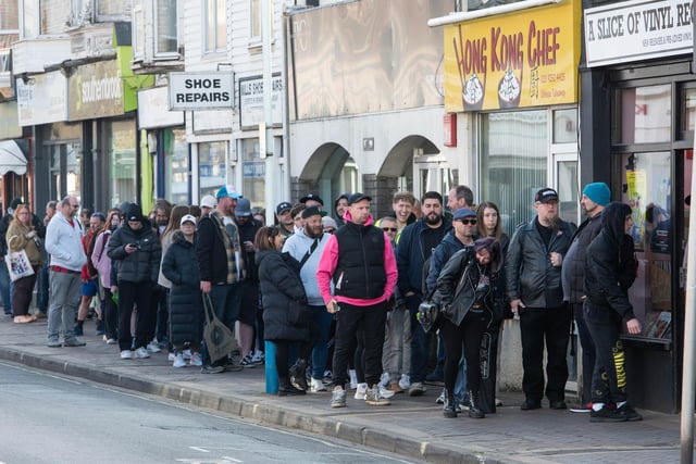 A long queue of eager record collectors waiting to get into A Slice of Vinyl in Stoke Road Gosport on Saturday morning at the start of Record Store Day.