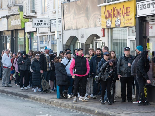 A long queue of eager record collectors  waiting to get into  A Slice of Vinyl in Stoke Road Gosport on Saturday morning at the start of Record Store Day.