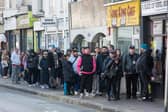 A long queue of eager record collectors  waiting to get into  A Slice of Vinyl in Stoke Road Gosport on Saturday morning at the start of Record Store Day.