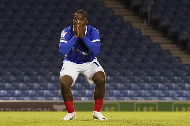 Christian Saydee can't believe it as another Pompey chance goes begging. Picture: Jason Brown/ProSportsImages