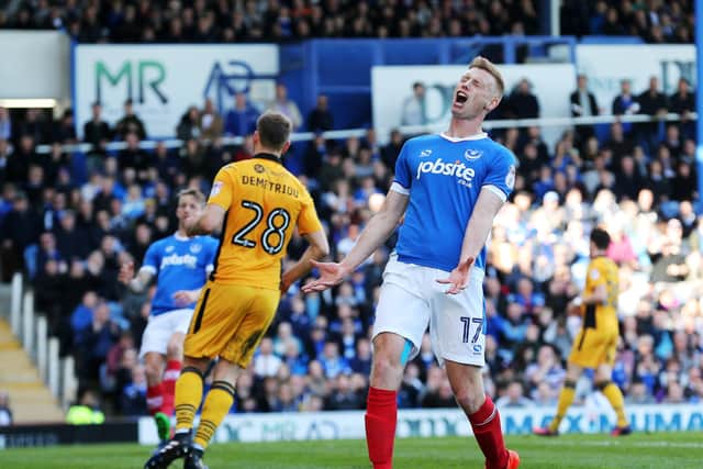 Eoin Doyle is frustrating at a missed opportunity during Pompey's 2-1 triumph over Newport County in March 2017. Picture: Joe Pepler