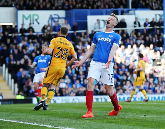 Eoin Doyle is frustrating at a missed opportunity during Pompey's 2-1 triumph over Newport County in March 2017. Picture: Joe Pepler