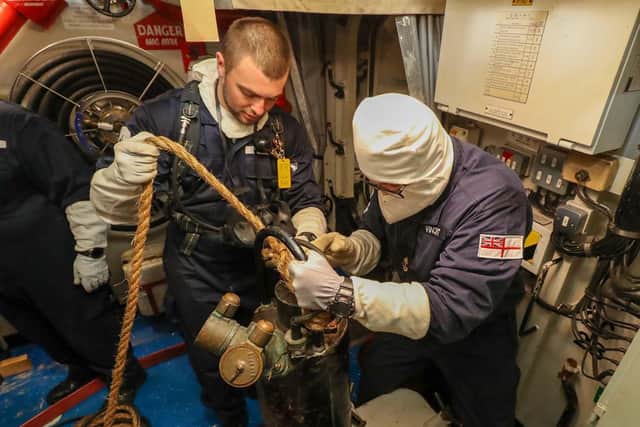 HMS Montrose Starboard crew training on-board her sister ship HMS Monmouth prior to flying out and taking a handover from the Port crew currently in the Gulf. Photo: Royal Navy