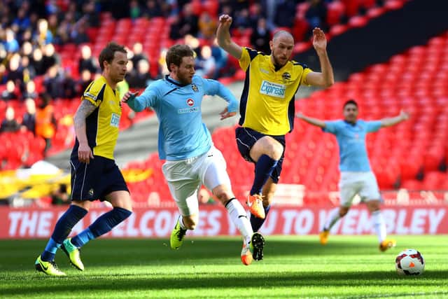 Lee Molyneaux, right, in action for Gosport during the 2013/14 FA Trophy Final against Cambridge United at Wembley Stadium.