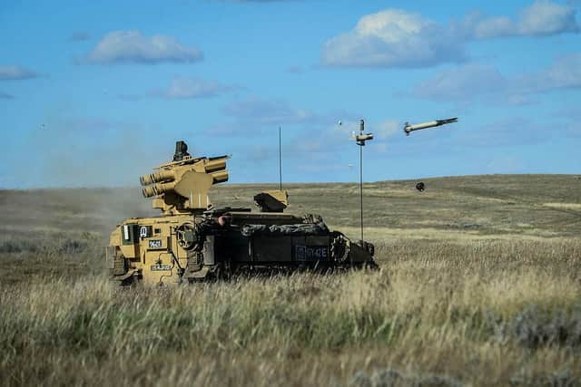 Armoured Fighting Vehicles (AFV) Stormer, firing High Velocity Missile (HVM) on Ex Javelin part of the 1 Yorkshire Regiment (1 York) Battlegroup during Ex Prairie Lightning. on Ex Prairie Storm 3 in British Army Training Area Suffield (BATUS), Alberta Canada.