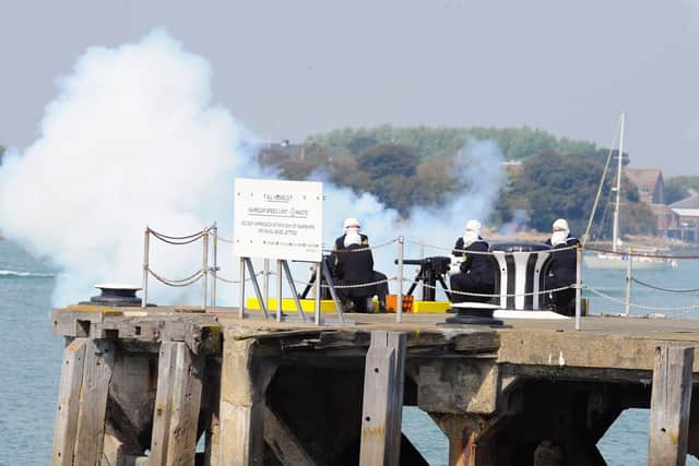 A gun salute took place from South Railway Jetty inside the Royal Navy in Portsmouth on Thursday, April 21 to mark the Queen's 96th birthday. Picture: Sarah Standing (210422-1805)
