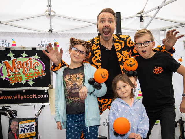 People flocked to Port Solent on Thursday to enjoy the half term entertainment, including arts and craft, face painting and magic shows.
Pictured - Silly Scott, with his son Riley, 10 and visitors Peyton, 8 and Piper, 4
Photos by Alex Shute