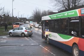 A car and bus crashed on Purbrook Way at the junction with Park House Farm Way in Leigh Park. Pic Bob Hind