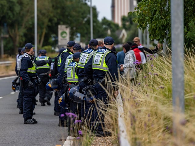 Policing the Anti-immigration protest near the UK Border Agency Building in Portsmouth. Picture: Mike Cooter (070824)