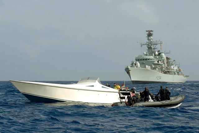 HMS Iron Duke's drugs bust  in 2009
Pictures HMS Iron Duke's successful interdiction of a narcotics trafficking "Go Fast" speed boat in the Caribbean 16 July 2009.