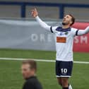 Joe Iaciofano celebrates after scoring one of his two goals on his National League South debut for Hawks against Maidstone last October. Picture by Dave Haines.