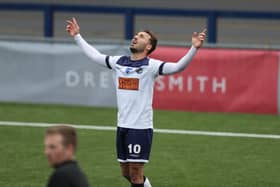Joe Iaciofano celebrates after scoring one of his two goals on his National League South debut for Hawks against Maidstone last October. Picture by Dave Haines.