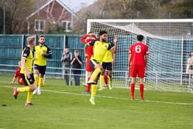 Theo Lewis celebrates one of his two goals against Harrow. Picture: Tom Phillips.