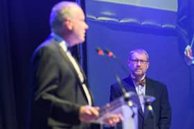 Pictured is: Professor Jeremy Howells, executive dean of faculty of business and law at the University of Portsmouth, and editor of The News Mark Waldron. Picture: Keith Woodland (080721-6)