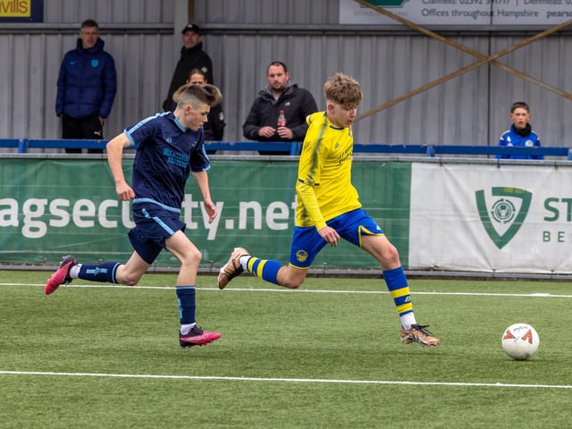 Action from the Under-16 Arthur Hughes Challenge Cup final between Meon Milton Awfords (yellow shirts) and Pickwick Youth Panthers. Picture: Mike Cooter