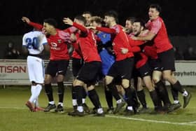 Fareham Town players celebrate their win. Picture by Ken Walker