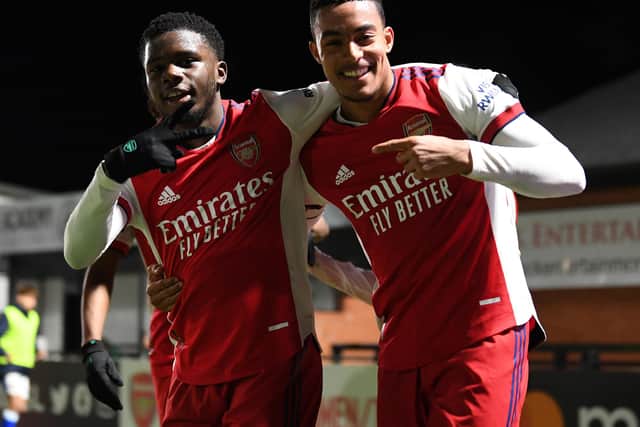 Miguel Azeez celebrates scoring against Blackburn under-23s with Gunners team-mate Nathan Butler-Oyedeji   Picture: David Price/Arsenal FC via Getty Images