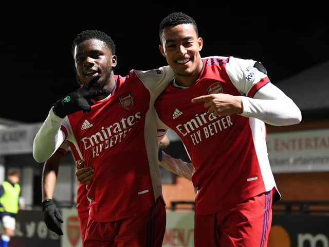 Miguel Azeez celebrates scoring against Blackburn under-23s with Gunners team-mate Nathan Butler-Oyedeji   Picture: David Price/Arsenal FC via Getty Images