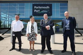 From left, Head of Operations Ian Diaper, Lady Mayoress, Lord Mayor and Port Director Mike Sellers. Visit of Lord Mayor of Portsmouth, Cllr  Frank Jonas, and the Lady Mayoress to Portsmouth Port. Picture: Chris Moorhouse (jpns 150621-19)