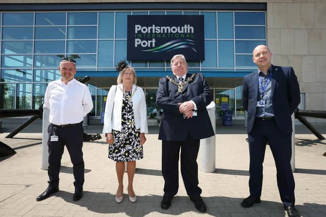 From left, Head of Operations Ian Diaper, Lady Mayoress, Lord Mayor and Port Director Mike Sellers. Visit of Lord Mayor of Portsmouth, Cllr Frank Jonas, and the Lady Mayoress to Portsmouth Port. Picture: Chris Moorhouse (jpns 150621-19)