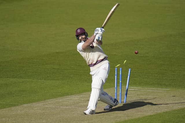 Somerset's Marchant de Lange is clean bowled by Keith Barker. Picture: Andrew Matthews/PA Wire.