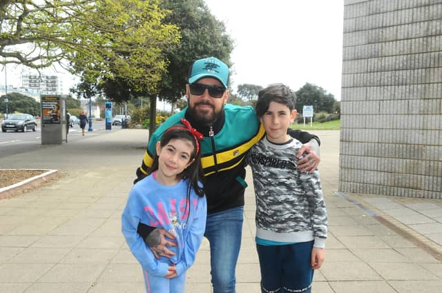 Simon Boxall from Bognor Regis with his children Sienna (8) and Joshua (11). Picture: Sarah Standing (020522-3311)