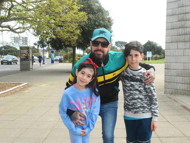 Simon Boxall from Bognor Regis with his children Sienna (8) and Joshua (11). Picture: Sarah Standing (020522-3311)