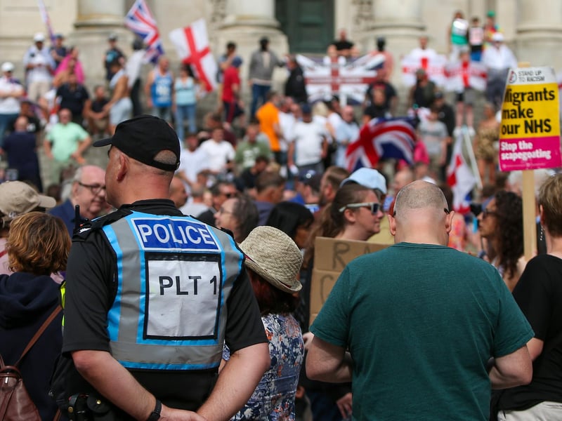 Protestors at Guildhall Square, Portsmouth. Picture: Chris  Moorhouse (030824-28)