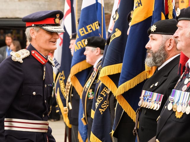 Pictured is: HM Lord-Lieutenant of Hampshire, Nigel Atkinson Esq. chats with the standard bearers. Picture: Keith Woodland (190621-149).