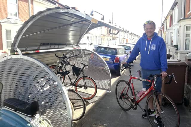 Cyclist Eric De Greef with a new bike hangar in Eastfield Road in Eastney, Portsmouth.
