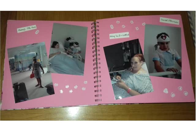Louise Favaretto from Fareham had bowel cancel three years ago, and has urged people to get checked out if they notice changes to their body. Pictured: A scrap book of Louise's cancer journey