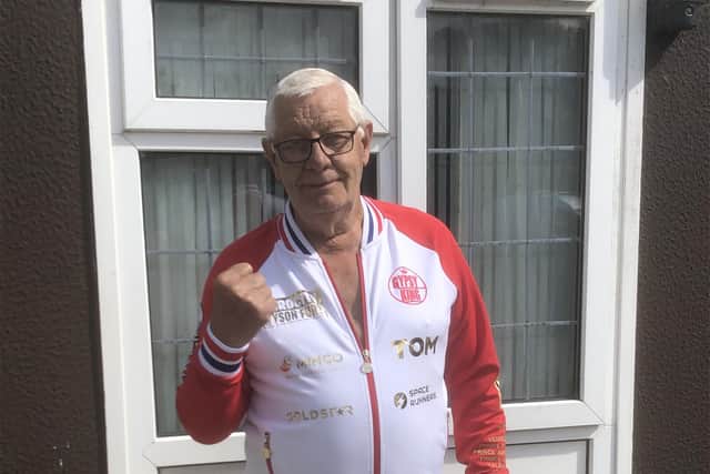 Frank Hopkins in the tracksuit top Tyson Fury gave to him following his role as cutsman for the Dillian Whyte fight at Wembley Stadium
