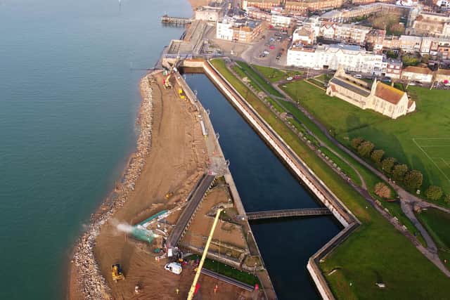 Aerial view of sea defence works being carried out at Long Curtain Moat in Southsea. Picture: Portsmouth City Council